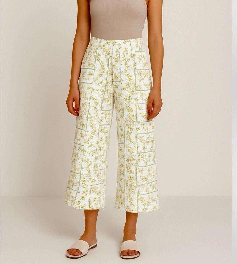 Joie Linen Crop Wide Leg Pants Womens size L White Yellow Floral Pockets Pull-on